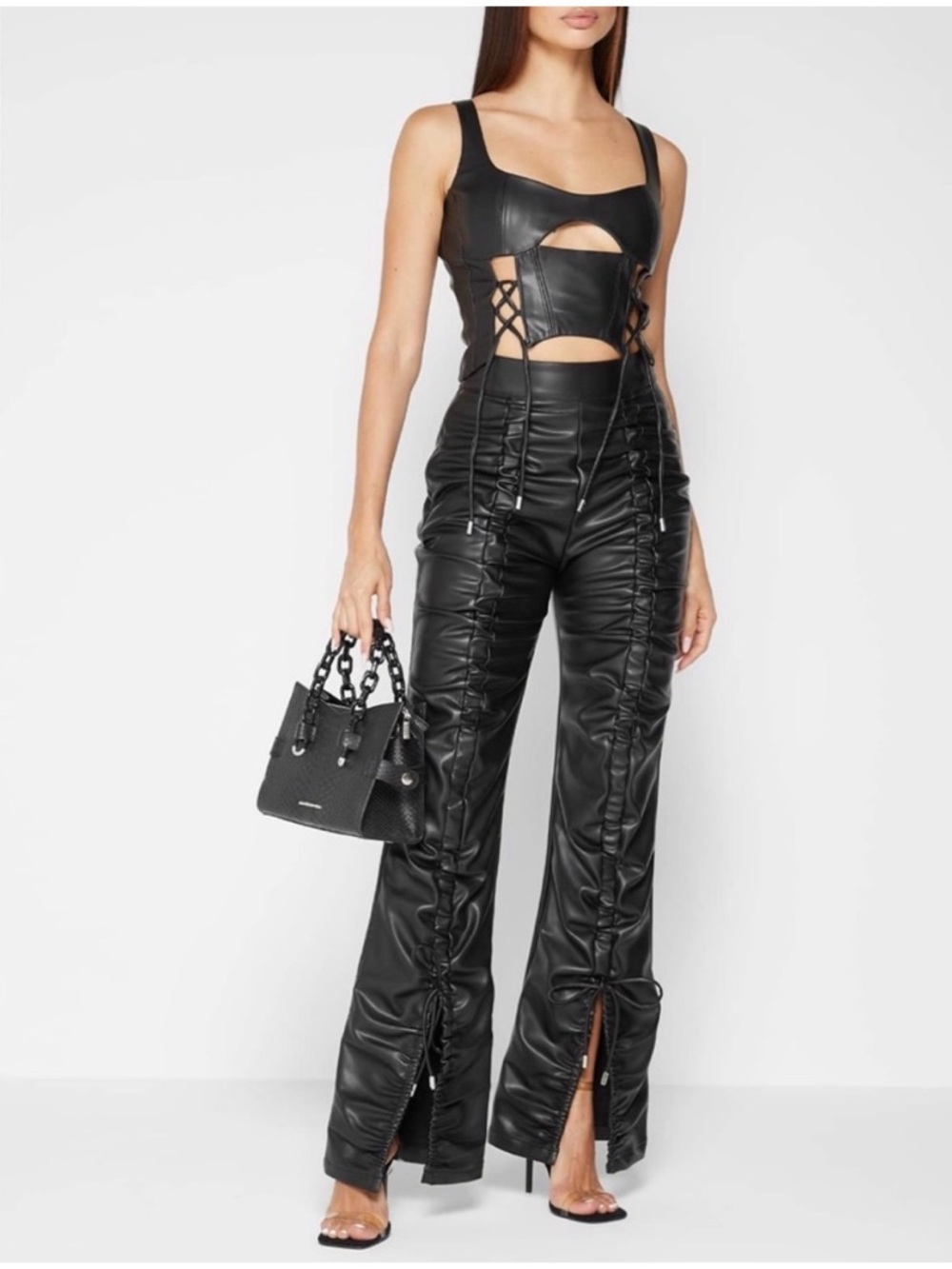MANIERE DE VOIR Black Faux Leather Ruched Open Slit Pants